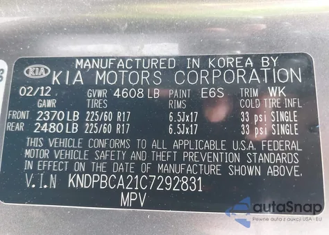 2012 Kia Sportage Lx z USA, uszkodzony, nr VIN KNDPBCA21C7292831